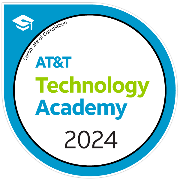 A.T. and T. Technology Academy 2024 badge text surrounded by a blue circle.