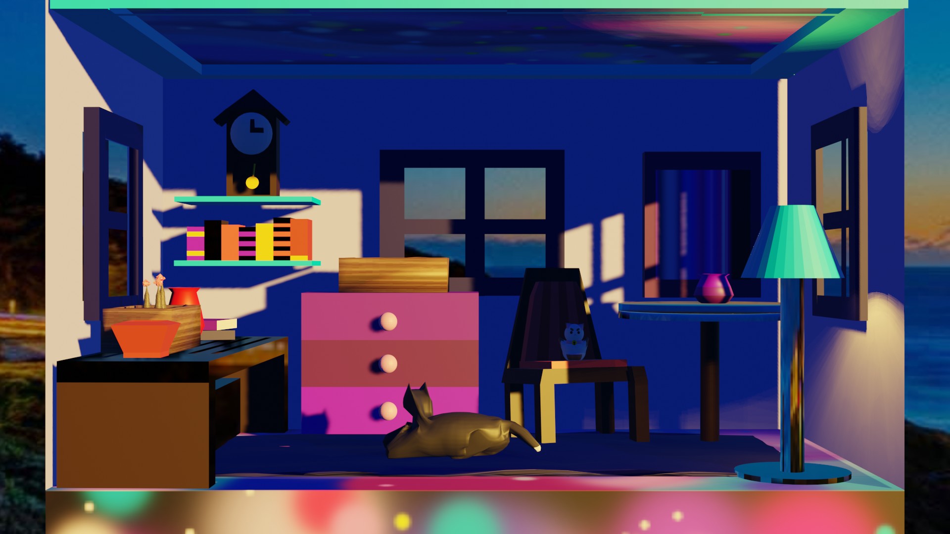 Facing a 3D model of a room with a table, chair, shelf, clock, lamp, windows, and various plant pots. There is a block cat in the middle of the floor and windows letting in the sunset.