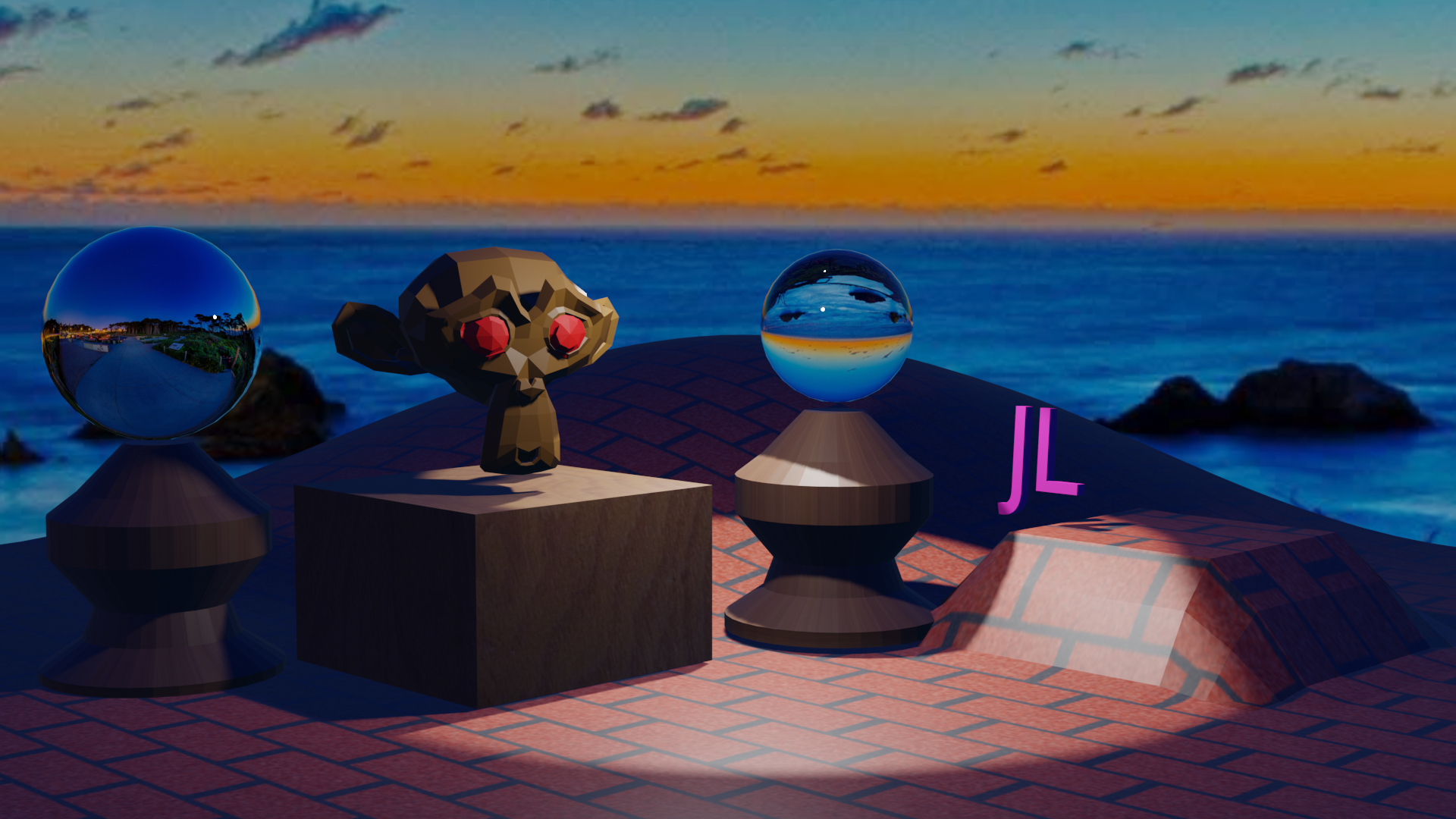 3D model of a monkey head on a wooden block and 2 spheres on wooden pedestals. They are on top of a brick floor with a spotlight and the background is the ocean at sunset.