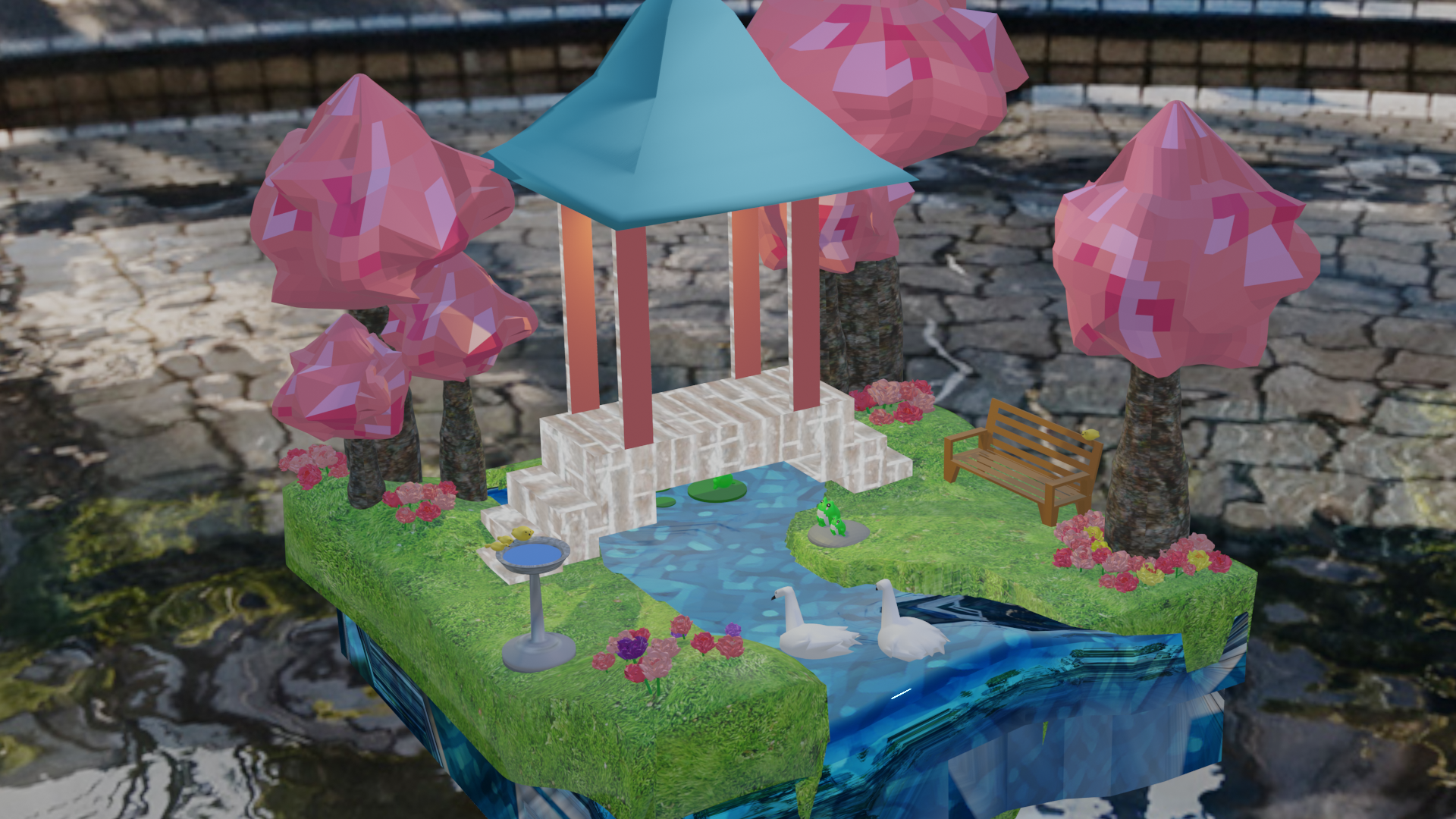 3D model of a park with green grass, flowers, pink trees, and a covered bridge over a river. There are swans in the water, frogs, and yellow birds.