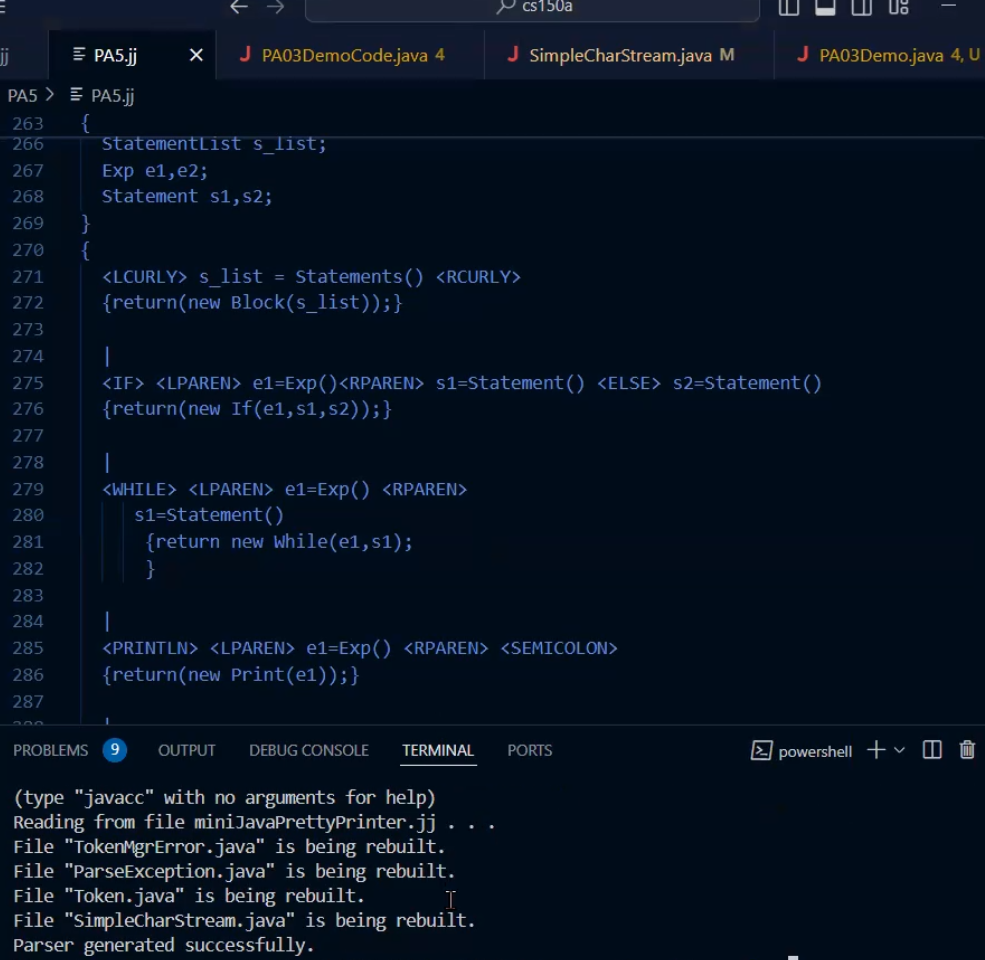 Snippet of compiler code and terminal output showing parser generated successfully in V.S. Code.