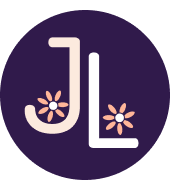 Initials JL and 2 pink flowers in a violet circle