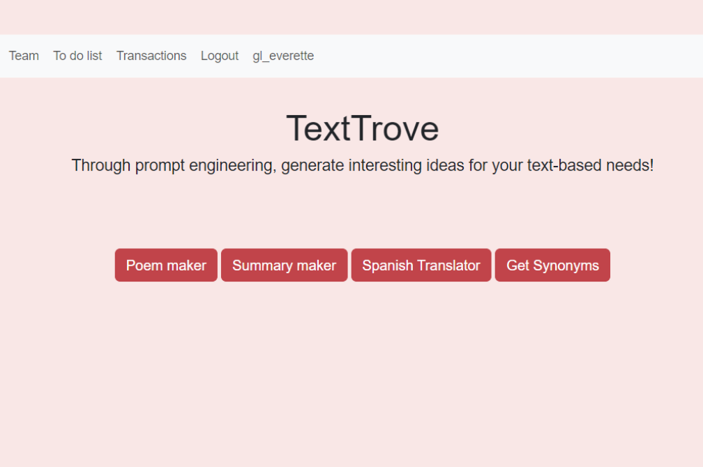 TextTrove page with button options for poem maker, summary maker, Spanish translator, and synonym generator.