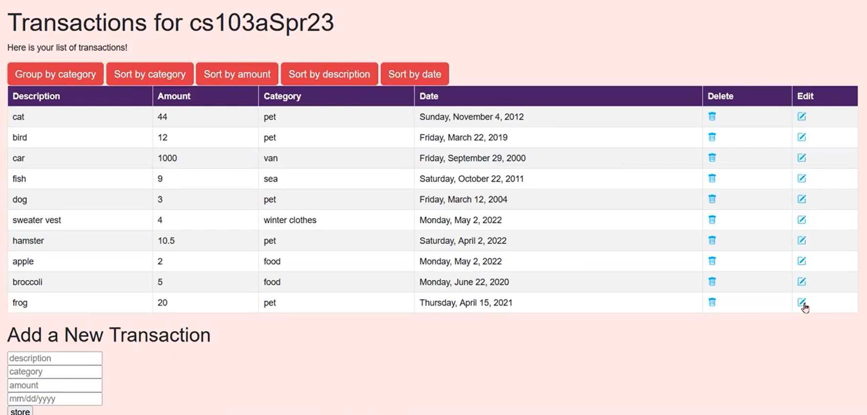 Finance Tracker page showing table of transactions with delete, edit, and add transactions options, as well as sorting options.